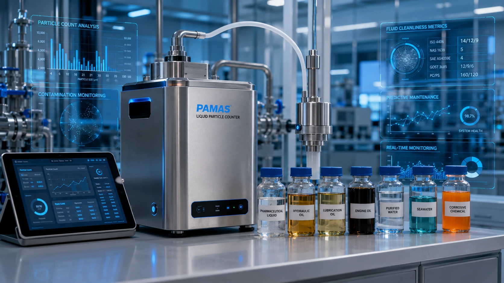 PAMAS Liquid Particle Counter analyzing multiple fluid samples including pharmaceutical liquids, hydraulic oil, lubrication oil, engine oil, purified water, seawater, and corrosive chemicals